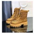 New Autumn and Winter Boots Leather Full Rhinestone Round Toe Thick Bottom Thick Heel Increased Side Zipper Lace-up Martin Boots - Image 2