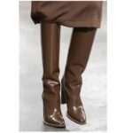 Ladies Autumn Pointed Toe Knee Boots Brand New Hollow Wooden High Heel Sexy High Boots/Red Brown/Black/Grey Plaid 34-43 Sizes - Image 3