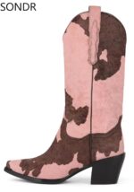 Womens Pointed Toe Real Horse Fur Mid Calf Boots Chunky Heel Shoes Genuine Leather Chelsea Western Cowboy - Image 50