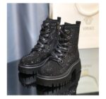 New Autumn and Winter Boots Leather Full Rhinestone Round Toe Thick Bottom Thick Heel Increased Side Zipper Lace-up Martin Boots - Image 8