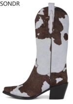 Womens Pointed Toe Real Horse Fur Mid Calf Boots Chunky Heel Shoes Genuine Leather Chelsea Western Cowboy - Image 25