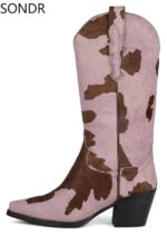 Womens Pointed Toe Real Horse Fur Mid Calf Boots Chunky Heel Shoes Genuine Leather Chelsea Western Cowboy - Image 5